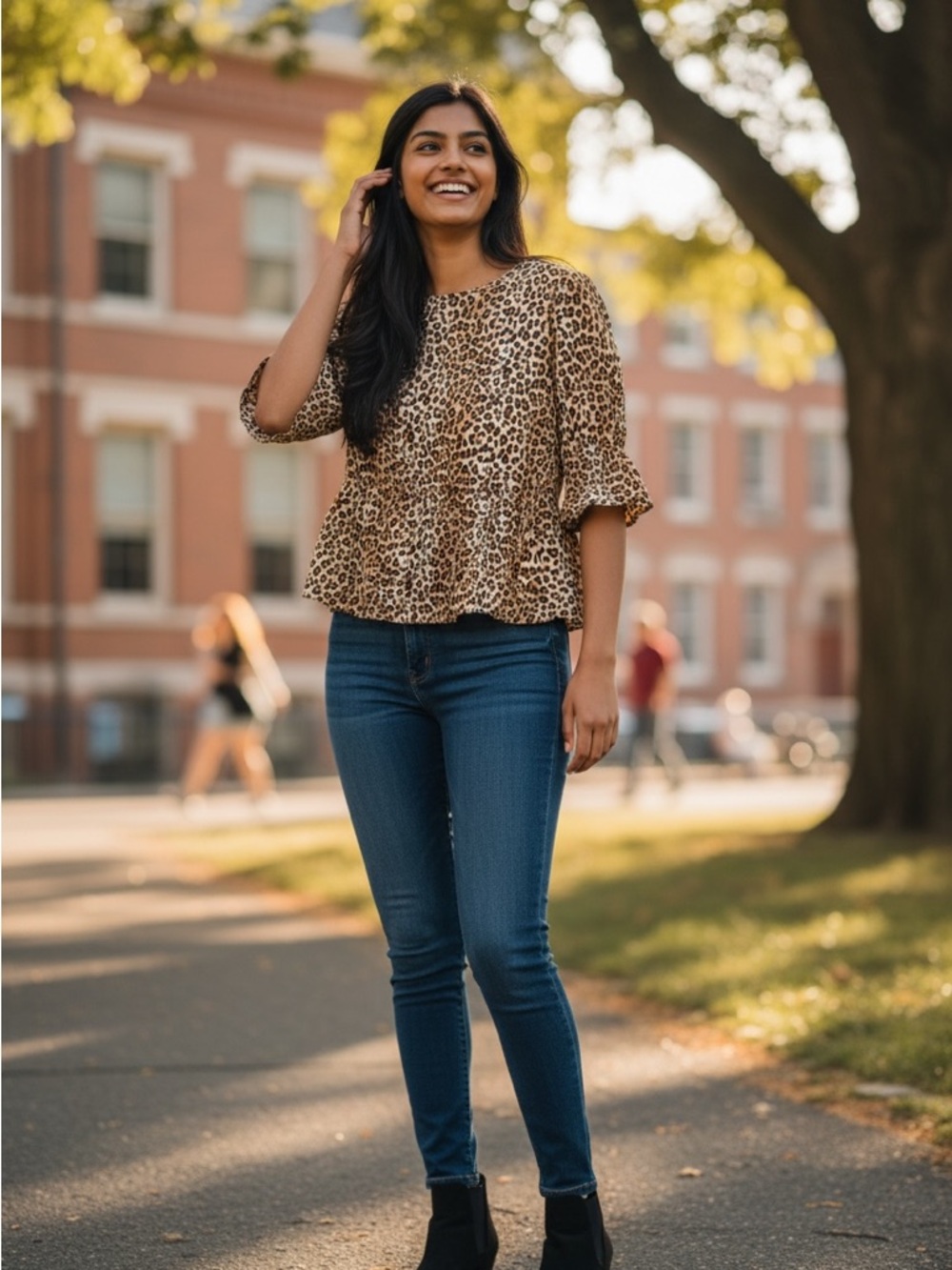 Leopard Print Ruffle Sleeve Blouse - Brown